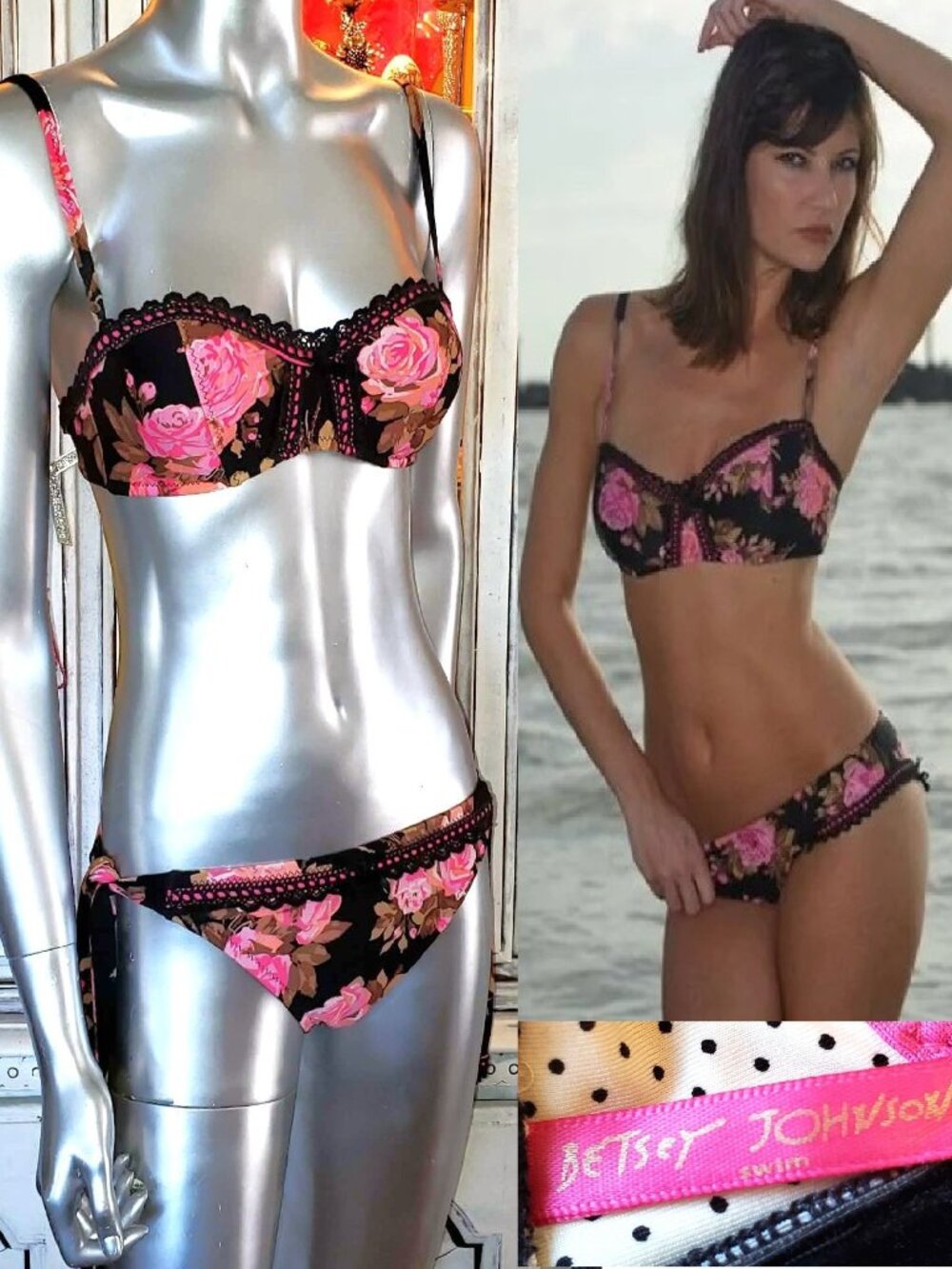 Vintage Betsey Johnson Gypsy Rose Bikini Black Lace Pink Floral Swimsuit Size S
